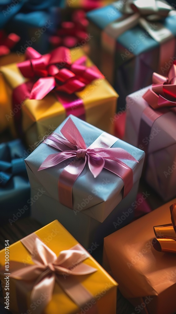 Closeup of a pile of birthday presents, showcasing the variety and excitement of unwrapping, perfect for giftthemed scenes Closeup of a pile of birthday presents, showcasing the variety and excitement of unwrapping, perfect for giftthemed scenes