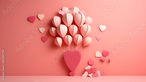 Heart Shaped Balloon Papercraft with Floating Hearts in Soft Pink Tones Creating a Romantic and Artistic Design on a Pink Background