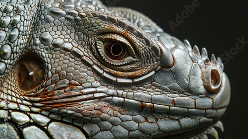 Closeup of an iguanas head  showcasing the scale patterns and facial structure  ideal for reptile photography