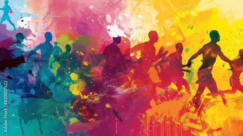 Abstract background in various colors with silhouettes of running people photo