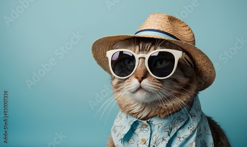 cat wearing a straw hat and sunglasses on a blue background © savior