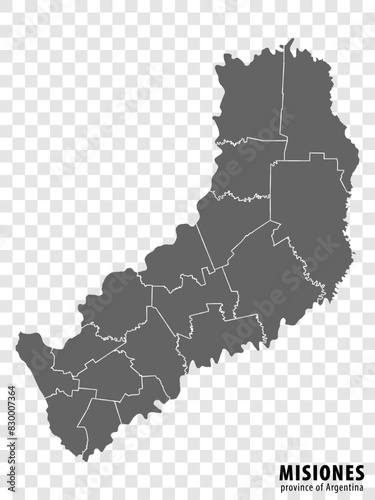 Blank map Misiones Province of Argentina. High quality map Province of Misiones with districts on transparent background for your web site design, logo, app, UI. Argentine Republic. EPS10.