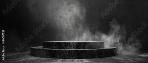 3D rendering of a dark and mysterious stage with a spotlight and smoke. photo