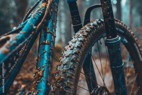 Close-Up of Mountain Bike Suspension and Muddy Tires After Rigorous Trail Ride - Technical Details and Rugged Conditions