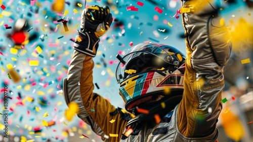 Confetti and cheers fill the air as the racer, in a victory stance, absorbs the moment of glory photo