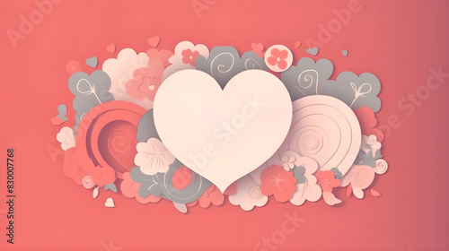 Heart Shaped Papercraft with Floral and Love Elements in Soft Pastel Colors Creating a Romantic and Artistic Design on a Red Background