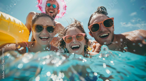 Group of young people having fun in the swimming pool, close-up photo
