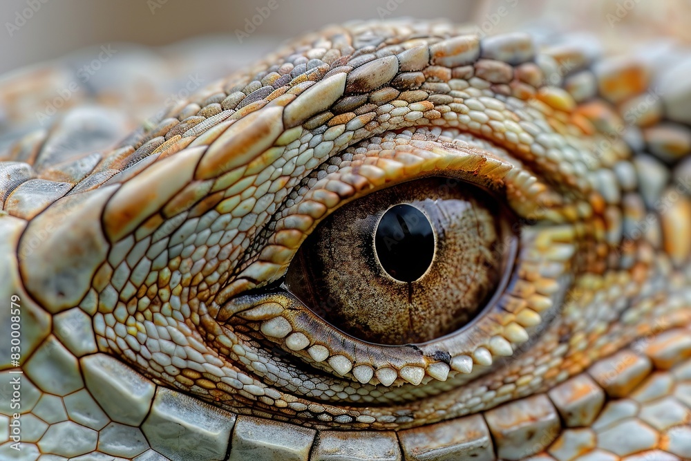 Fototapeta premium Detailed view of an iguanas eye, showcasing the scaly eyelids and sharp sight, ideal for reptilian sensory studies