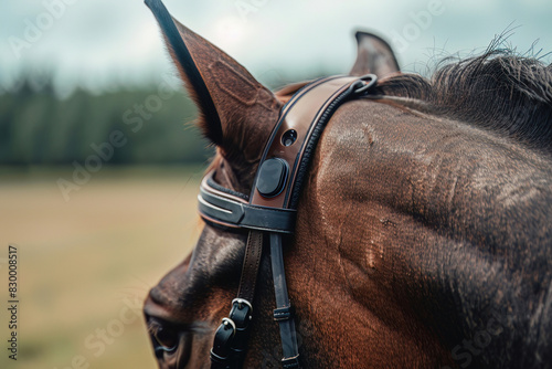 Detailed shot of a wearable tech for horses monitoring fitness and health, emphasizing equestrian care innovation, perfect for smart equine management photo
