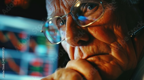 Detailed view of a stockbroker in deep concentration, analyzing market data, suitable for portraying the intensity of stock trading photo