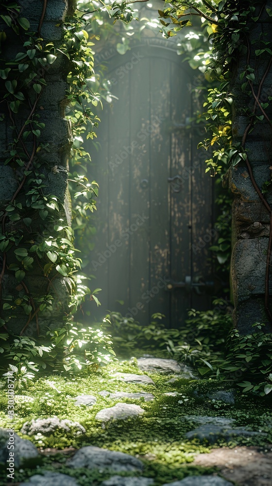 Digital backdrop with a secret garden, hidden behind a vinecovered wall , cobblestone and grass , afternoon , soft, filtered sunlight Digital backdrop with a secret garden, hidden behind a vinecovered wall , cobblestone and grass , afternoon , soft, filtered sunlight