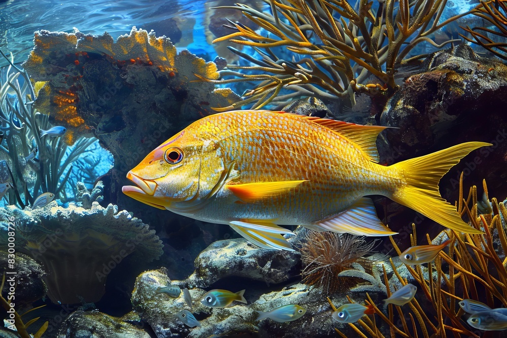 Oceanic serenity. Snapper fish in tranquil clear waters with vibrant coral Oceanic serenity. Snapper fish in tranquil clear waters with vibrant coral