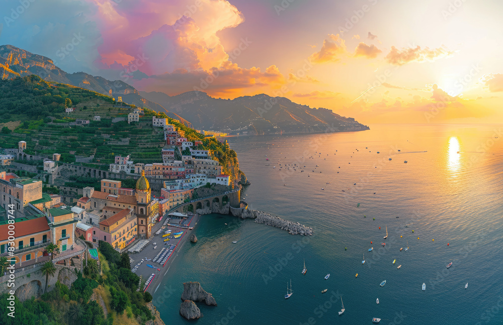 A panoramic view of the picturesque cityscape of Amalfi Coast, showcasing its colorful buildings and lush greenery along the coastline at sunset