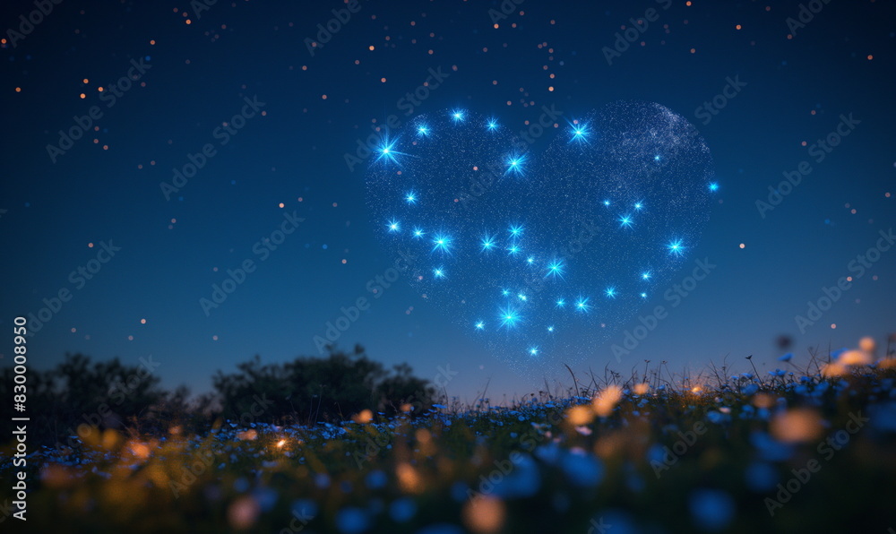 Sparkling Heart Shaped Star Constellation In Night Sky Over Meadow With Glowing Wildflowers For Romantic Holiday And Valentine's Day Sparkling Heart Shaped Star Constellation In Night Sky Over Meadow With Glowing Wildflowers For Romantic Holiday And Valentine's Day