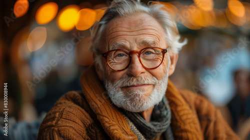 Warm Portrait of Elderly Man in Cozy Sweater and Glasses, Featuring Bokeh Lights, Capturing Warmth and Serenity of a Winter Evening in a Rustic, Outdoor Setting, Perfect for Seasonal Holiday Designs