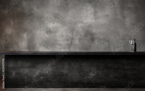 Wooden shelf in front of dark concrete wall.