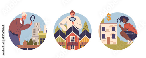 Isolated Vector Round Icons Or Avatars With Cartoon Characters Analyzing The Real Estate Market With Magnifying Glasses