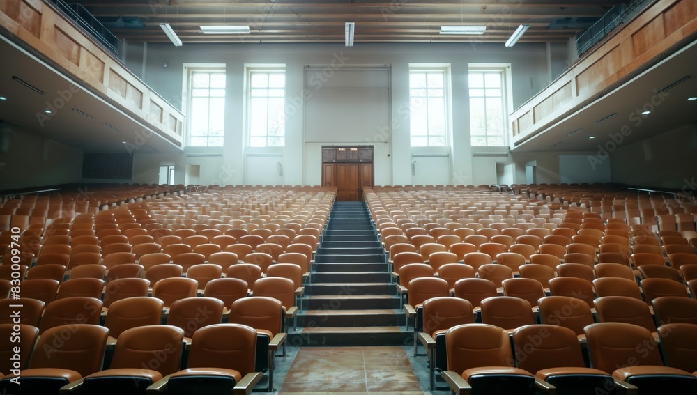 Frontal view of empty, immaculate university lecture hall with stadium seating