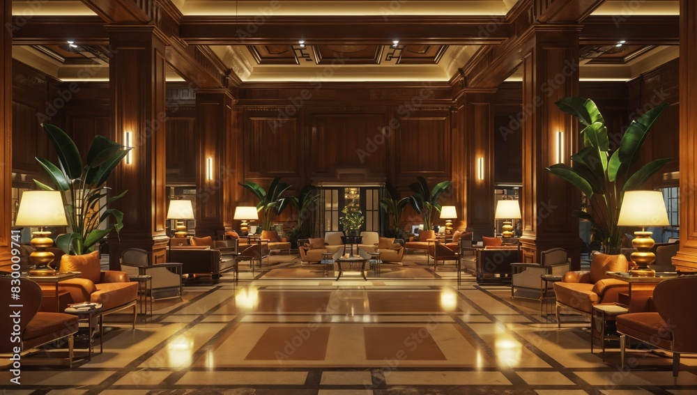 Frontal view of empty, impeccable hotel lobby with plush seating areas