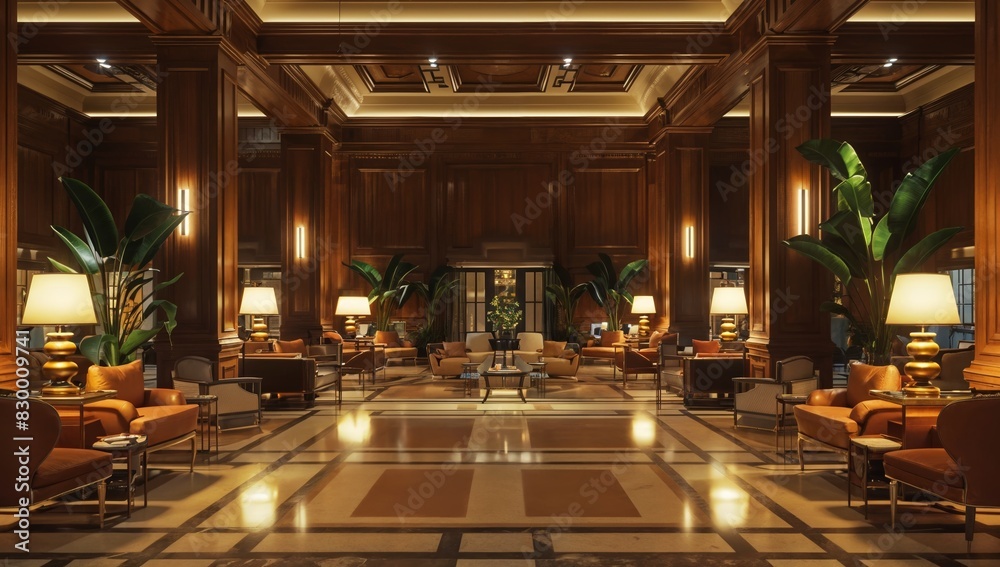 Frontal view of empty, impeccable hotel lobby with plush seating areas Frontal view of empty, impeccable hotel lobby with plush seating areas