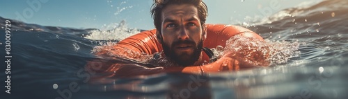 Closeup of man floating with life ring, detailed water textures, macro photography, vibrant colors, sharp focus 8K , high-resolution, ultra HD,up32K HD