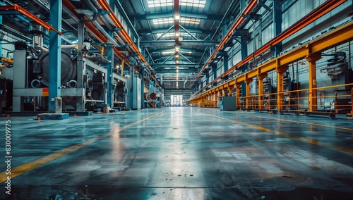 Frontal view of empty, spotless factory floor with industrial equipment photo