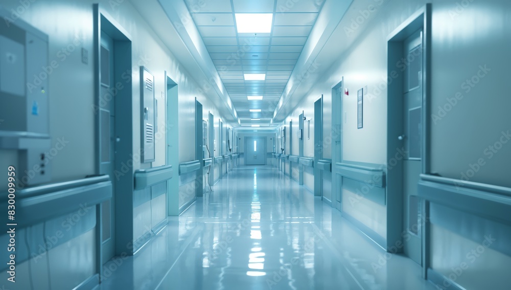 Side view of empty, pristine hospital corridor with patient rooms