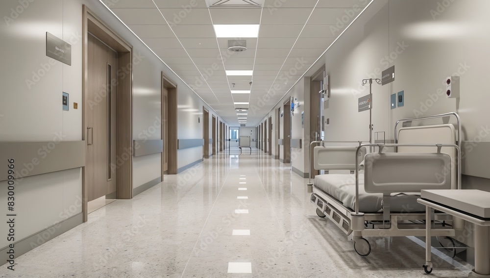 Side view of empty, pristine hospital corridor with patient rooms Side view of empty, pristine hospital corridor with patient rooms