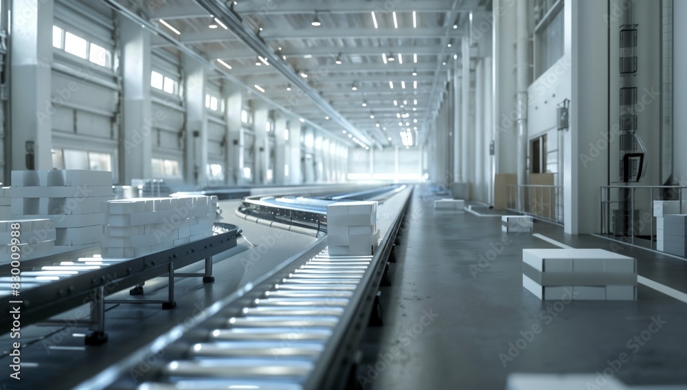 Side view of empty, pristine packaging area with conveyor belts and crates Side view of empty, pristine packaging area with conveyor belts and crates