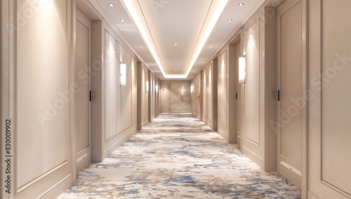 Side view of empty  clean hotel corridor with rows of guest room doors