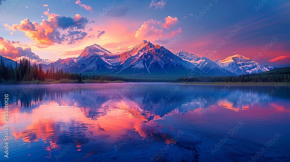 Majestic Mountain Range at Sunrise with Golden Light Illuminating Snow-Capped Peaks and Crystal-Clear Cyan Lake Reflecting Vibrant Colors. High-Resolution Image Showcasing Nature's Tranquility Beauty.