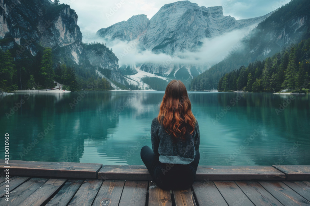 Young woman silently contemplates a lake between the mountains Young woman silently contemplates a lake between the mountains