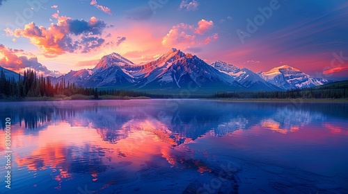 Majestic Mountain Range at Sunrise with Golden Light Illuminating Snow-Capped Peaks and Crystal-Clear Cyan Lake Reflecting Vibrant Colors. High-Resolution Image Showcasing Nature s Tranquility Beauty.