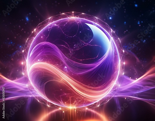 background with space, Neon energy sphere of particles with waves and sparks on a dark background purple, pink, glowing magical.