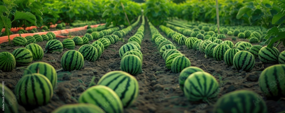 A vibrant watermelon field with rows of ripe watermelons on the ground, showcasing agricultural abundance and summer harvest in natural green surroundings. A vibrant watermelon field with rows of ripe watermelons on the ground, showcasing agricultural abundance and summer harvest in natural green surroundings.
