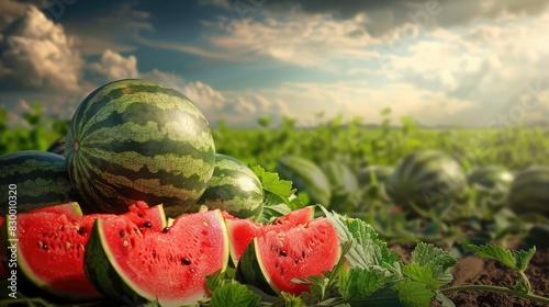 Freshly harvested watermelons in a vast field, showcasing vibrant colors and juicy slices under a cloudy sky ready for summer treats.