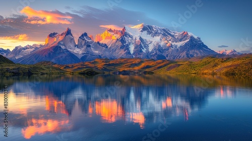 Majestic Mountain Range at Sunrise with Golden Light Illuminating Snow-Capped Peaks and Crystal-Clear Cyan Lake Reflecting Vibrant Colors. High-Resolution Image Showcasing Nature s Tranquility Beauty.