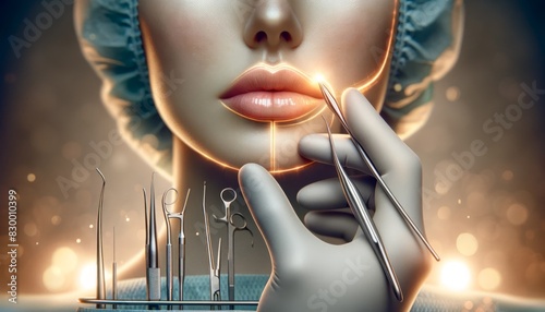Close-up of cosmetic procedure with surgical tools and gloves, focusing on lips enhancement. Beauty, healthcare, and surgery concept. photo
