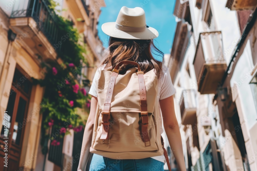 Travel and Skincare: Woman Exploring European City with Day Pack Containing SPF Lotion and Lip Balm