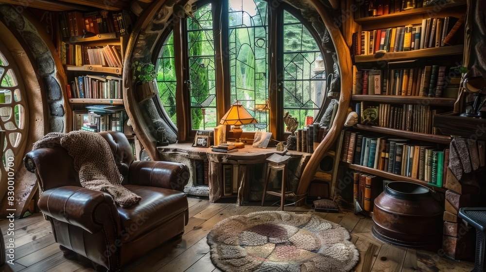 Cozy, rustic home library with wooden furniture, bookshelves, and large windows opening to a forest view. Cozy, rustic home library with wooden furniture, bookshelves, and large windows opening to a forest view.