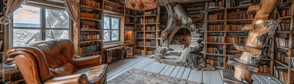 Cozy rustic library with wooden shelves, armchair, and unique tree-like design elements, perfect place for reading and relaxation. Cozy rustic library with wooden shelves, armchair, and unique tree-like design elements, perfect place for reading and relaxation.