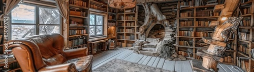 Cozy rustic library with wooden shelves  armchair  and unique tree-like design elements  perfect place for reading and relaxation.