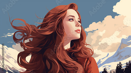 Close up woman with wavy hair. Trendsetting woman with long hair fashion illustration