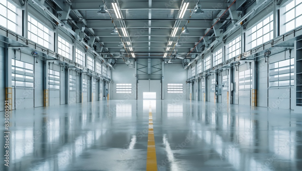 Frontal view of empty, spotless factory floor with industrial equipment Frontal view of empty, spotless factory floor with industrial equipment