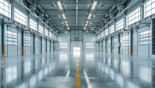 Frontal view of empty, spotless factory floor with industrial equipment