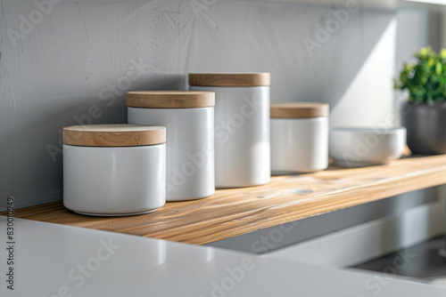 Minimalist white ceramic kitchen canisters on a sleek wooden shelf in a modern kitchen, providing a functional and stylish storage solution photo