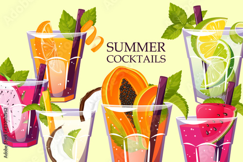 Background with summer cocktails. Summer tropical cocktails with fruits and berries. Vector illustration.