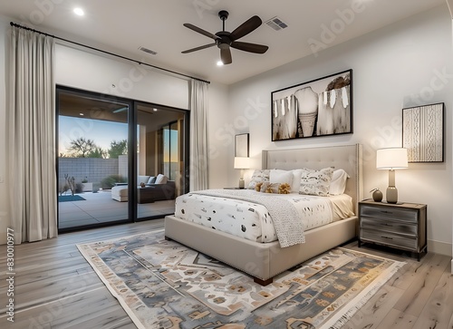Modern luxury bedroom in Arizona with a large bed, night stand and ceiling fan