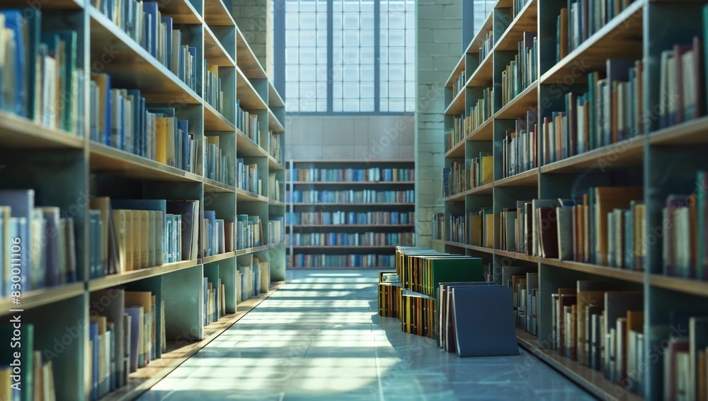 Side view of empty, immaculate library stacks with organized book collections Side view of empty, immaculate library stacks with organized book collections