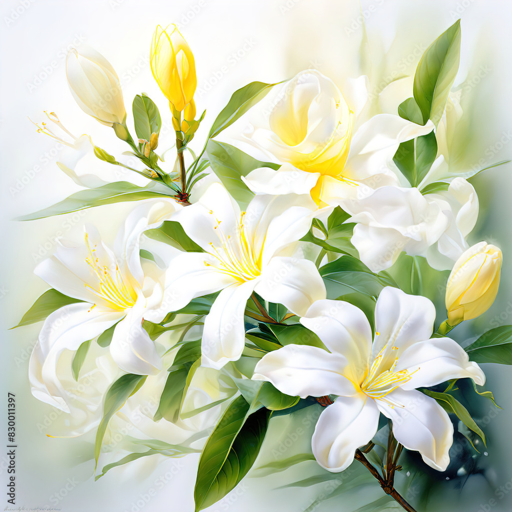 Fototapeta premium bloom jasmine flowers watercolor ai generated